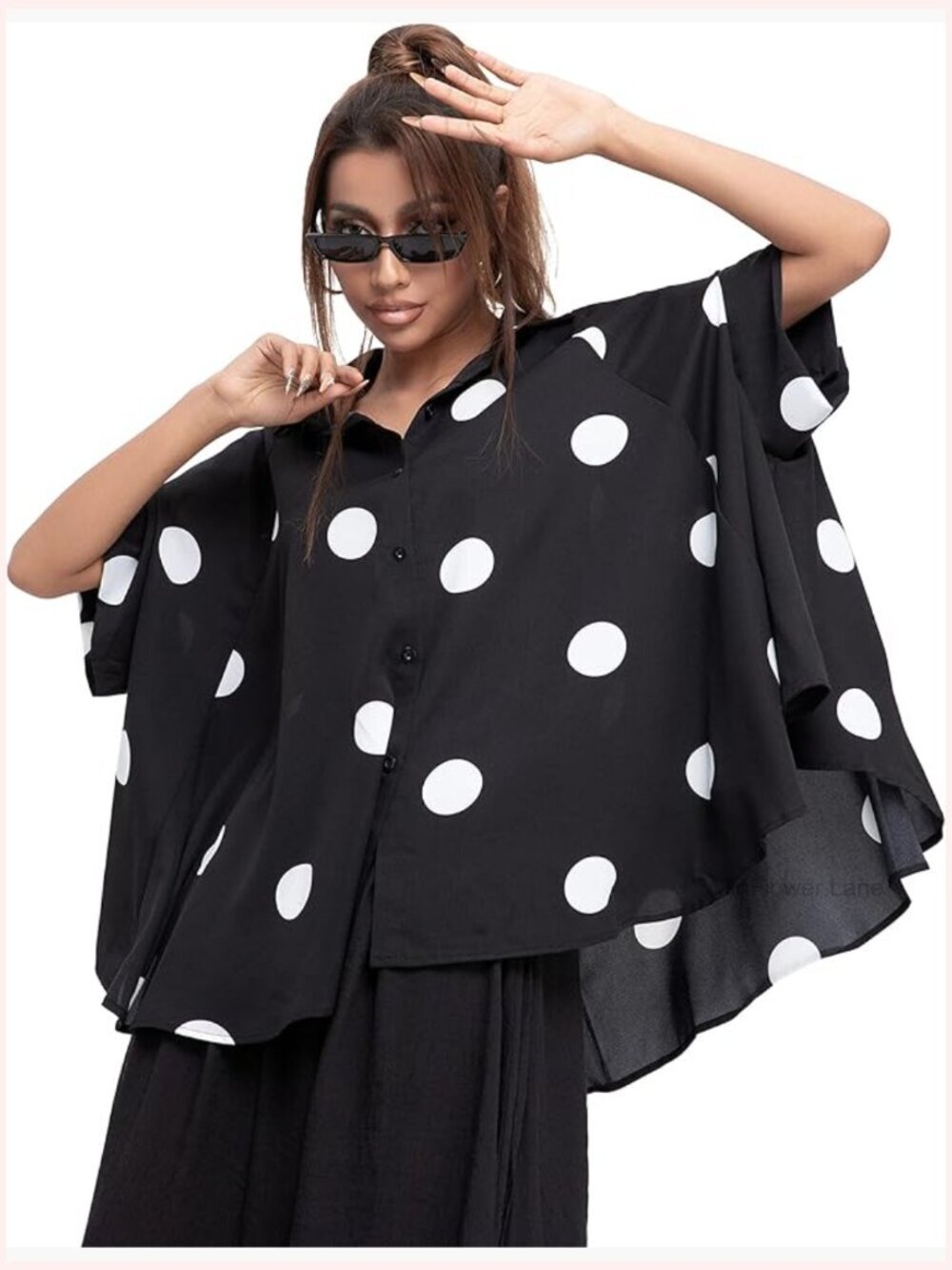 Batwing Sleeve Oversized Polka Dot Button Down Blouse